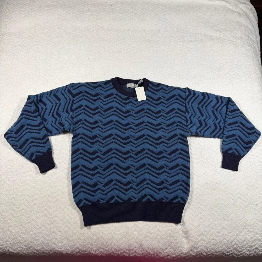 Vtg Neiman Marcus Mens XL Blue Black Zig Zag Knit Sweater Long Sleeve‎ 100% Wool